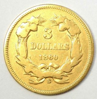 1860 - S Indian Three Dollar Gold Coin ($3) - VF Details - Rare Date Coin 2
