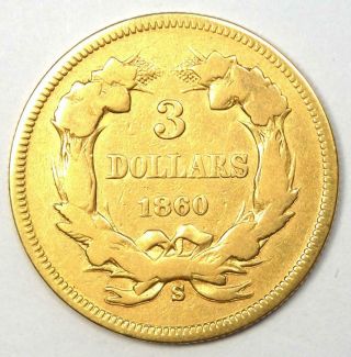 1860 - S Indian Three Dollar Gold Coin ($3) - VF Details - Rare Date Coin 4