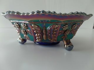 Antique Fenton Carnival Glass Blue Butterfly & Berry Fantail Claw & Ball Bowl