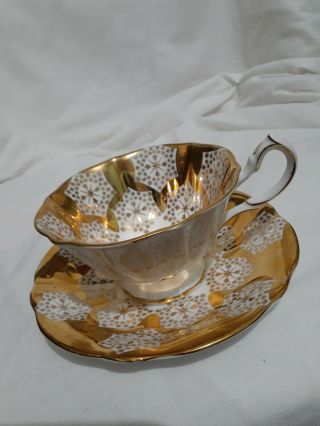 Vintage Queen Anne Tea Cup & Saucer - Bone China England Gold Lace Winter Theme