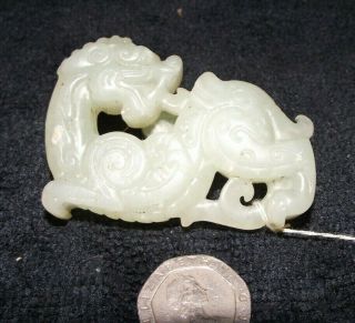 Chinese Jade Hand Carved Pale Green Dragon Sculpture (uk Seller)