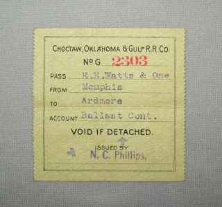 Old Antique Vtg Ca 1900s Choctaw Oklahoma Guf Railroad Trip Pass Ticket Stub