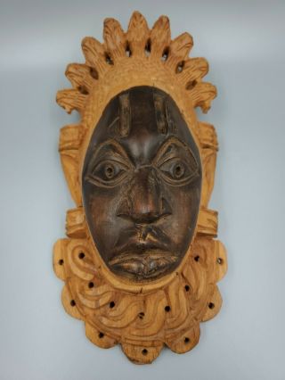African Tribal Two Tone Wood Wooden Mask Hand Carved Wall Hanging Decor Rare