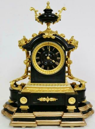 Rare Antique French Very Ornate Marble & Ormolu 8 Day Striking Mantle Clock