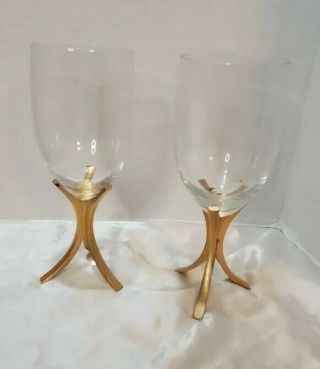 Rare Vintage Mcm Fostoria Triumph Wine Glasses Gold Base Crystal Stemware Set 2