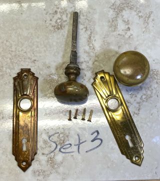 Vintage Brass Door Knobs W/ Matching Face Plates Antique Set 2