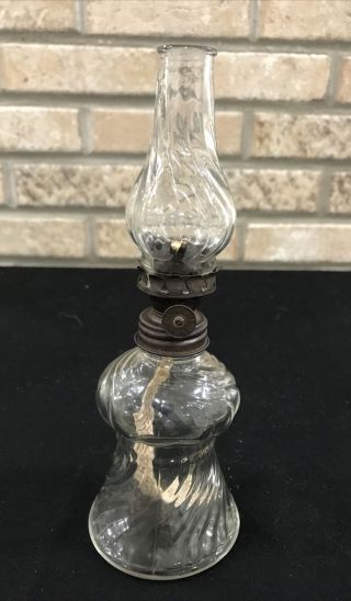 Antique Miniature Acorn P&a Oil Kerosene Glass Twisted Swirled Lamp & Chimney