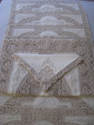 Antique Lace Linen Placemats Napkins Runner Italian Set 8 Hand Done Rare