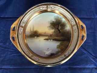 Good Antique Noritake Porcelain Hand Painted Two Handled Dish.  C1900.