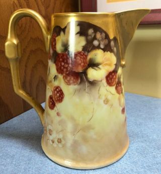 Vintage Hand Painted Berries Flower Tankard Style Pitcher Gold Heinrich Germany