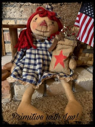 Primitive Country Patriotic Raggedy Doll With Flag