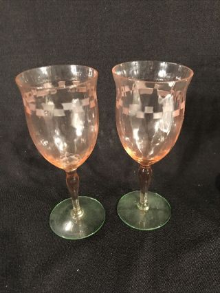 2 Rare Exquisite Vtg Wine Glasses Watermelon Depression Pink Green Etched Sides