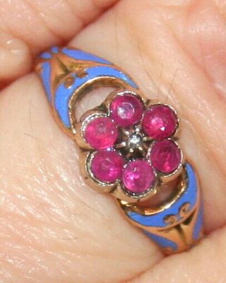 Antique Victorian 18k Gold Ruby Diamond Azure Enameled Fine Rare Ring C 1850