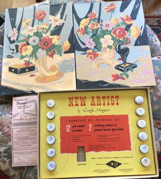 Two Vintage Paint By Number Floral Still Life Paintings With Box,