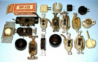 13 Antique Vintage Electrical Switches,  Plugs,  Tap - Lite Old Light Bulb Fixtures