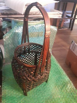 Fine Japanese Hand Woven Bamboo Basket With Handle Ikebana Style 13.  25 "