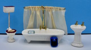 Vintage Miniature Porcelain 3 Piece Dollhouse Bathroom Set W/scale/bar Of Ivory