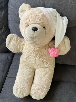 Vtg 1986 Chosun Heart To Heart Teddy Bear Plush 16” Pajama Cap No Heart Tan