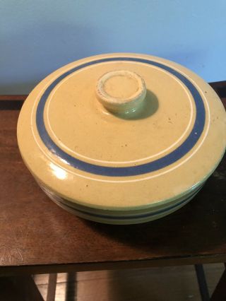 Antique Yellow Ware Bowl.  With Cover Blue And White Rings 5” X41/2”
