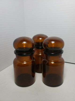Set Of 3 Belgium Brown Glass Apothecary Canister Jars With Bubble Top Lid 5.  5 "