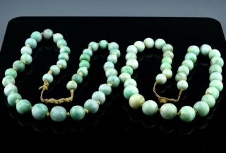 Pair Rare Antique Chinese Apple Green & White Jade Beaded Necklaces