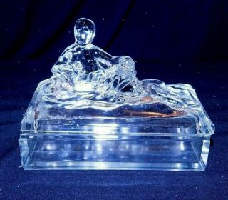 Antique,  Art Deco,  Clear Glass Trinket Box,  Reclining Nude Lady,  Ex Cond