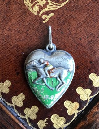 Antique Sterling Silver Puffy Puffed Enamel Horse Racing Charm Pendant