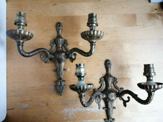 2 X Antique 2 Arm Candle Brass Electric Wall Lights 1 Has Damage See Pix