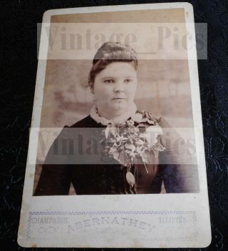Vintage Antique Cabinet Photo Of Woman With Large Fuchsia And Rose Boutonniere