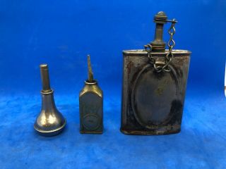 3 Antique Oil Can Oiler For Guns Reels Sewing Machine Star Oiler & Ww2 Oil Flask