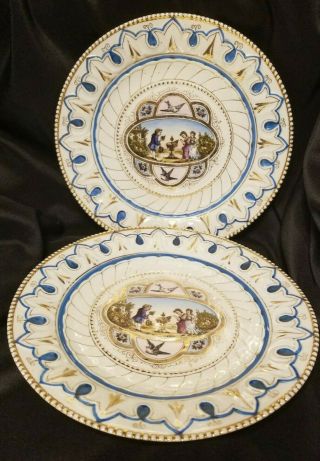 Set Of 2 Antique Transferware Gold & Blue Plates Victorian Scene Man & Ladies
