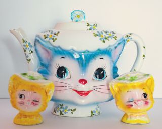 Vintage Miss Priss Lefton Rare Blue Kitty Teapot And Shaker Set Label In Tact