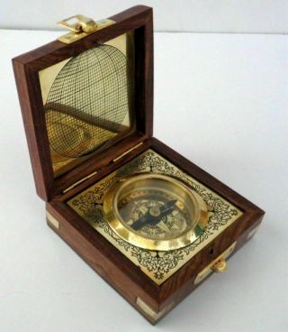 Nautical Maritime Antique Brass Compass In Wooden Box Vintage Steampunk Style