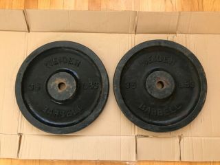 Rare Vintage Weider Standard Size Cast Iron Barbell Weights - Pair 35lb Plates