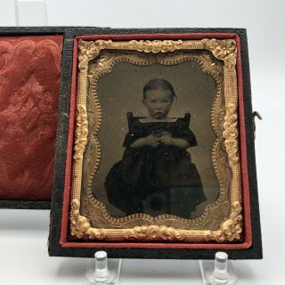 Antique Tin Type Child With Busy Hands 9th Plate Leather Case Split Hinge