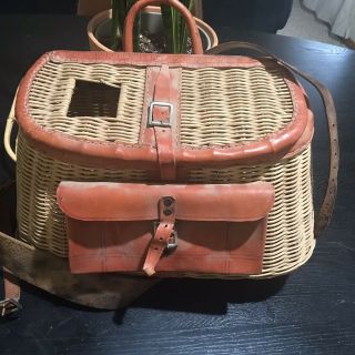 Vintage Wicker And Leather Fishing Basket