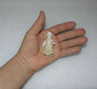 Antique All Bisque Molded Hair Jointed Arms & Legs 2 1/2 " Dollhouse Woman Doll