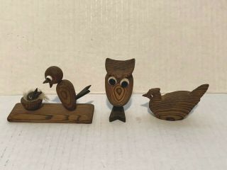 Set Of 3 Vintage Mcm Cryptomeria Wood Japan Figurines – Birds / Owl - 1960’s