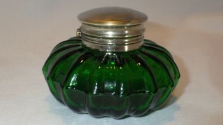 Vintage Antique Style Round Ribbed Green Glass Inkwell Ink Well Pot Bottle