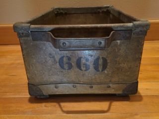 Antique UNCAS MFG CO Riveted Industrial Factory Sorting Crate Tote Box 660 2