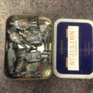 a tobacco tin full of very old solid lead figures / knights joblot antique 2