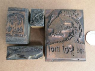 (4) Antique Letterpress Copper Faced Print Block " Fishing " M68