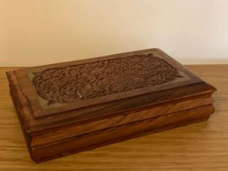 Vintage Anglo Indian Carved Wood Box With Inlaid Brass