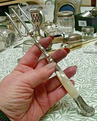 Vintage Silver Plated Toasting Fork Mother Of Pearl Handle Pistol Grip