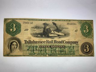 1867 $3 Tallahassee Rail Road Company Florida Very Rare Note