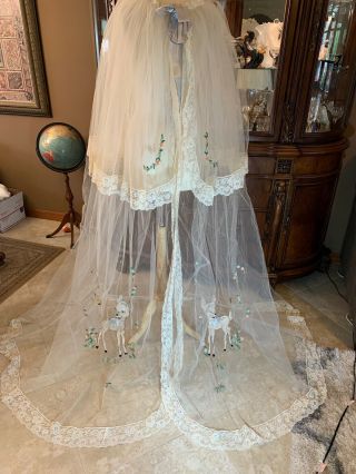 Antique Bambi Crib Or Bed Canopy Netting Lace Embroidered AppliquÉs Ooak Rare