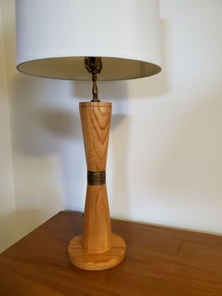 Vtg.  Mid - Century Modern Wood & Brass Table Lamp 28 "