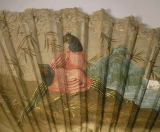 Antique Chinese Large 15 " Hand Painted Fan Birds Landscape Scenic Embroidered