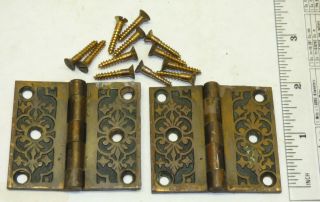 Pair Antique Victorian 2 X 2 1/4 Solid Brass Ornate Cabinet Shutter Hinges F