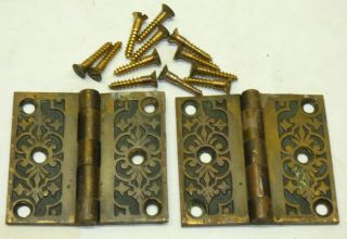 Pair Antique Victorian 2 x 2 1/4 Solid Brass Ornate Cabinet Shutter Hinges F 2
